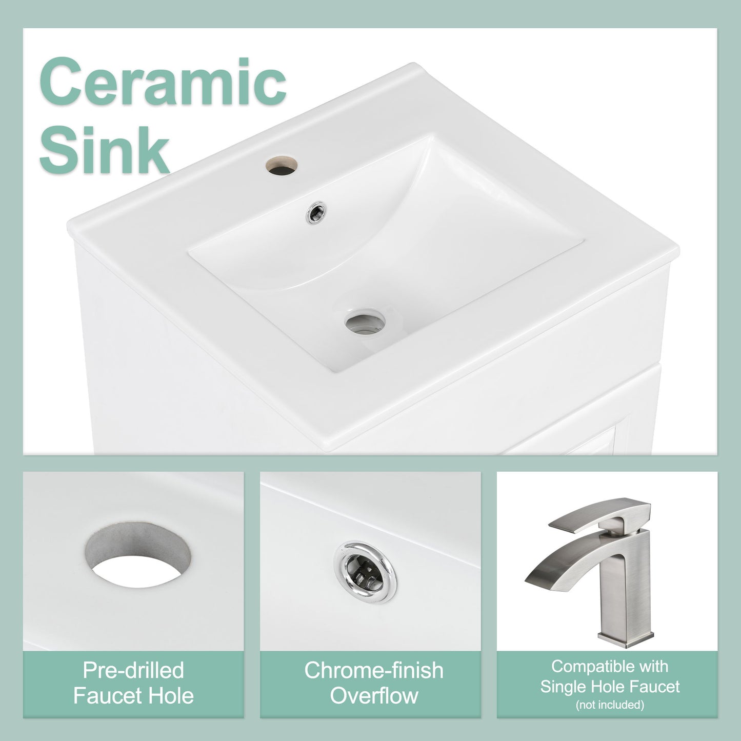 20" Bathroom Vanity With Sink, Freestanding Cabinet With Door Shelf And Adjustable Shelf, And Ceramic Construction - White
