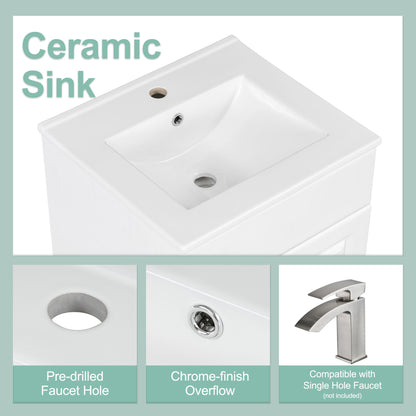 20" Bathroom Vanity With Sink, Freestanding Cabinet With Door Shelf And Adjustable Shelf, And Ceramic Construction - White