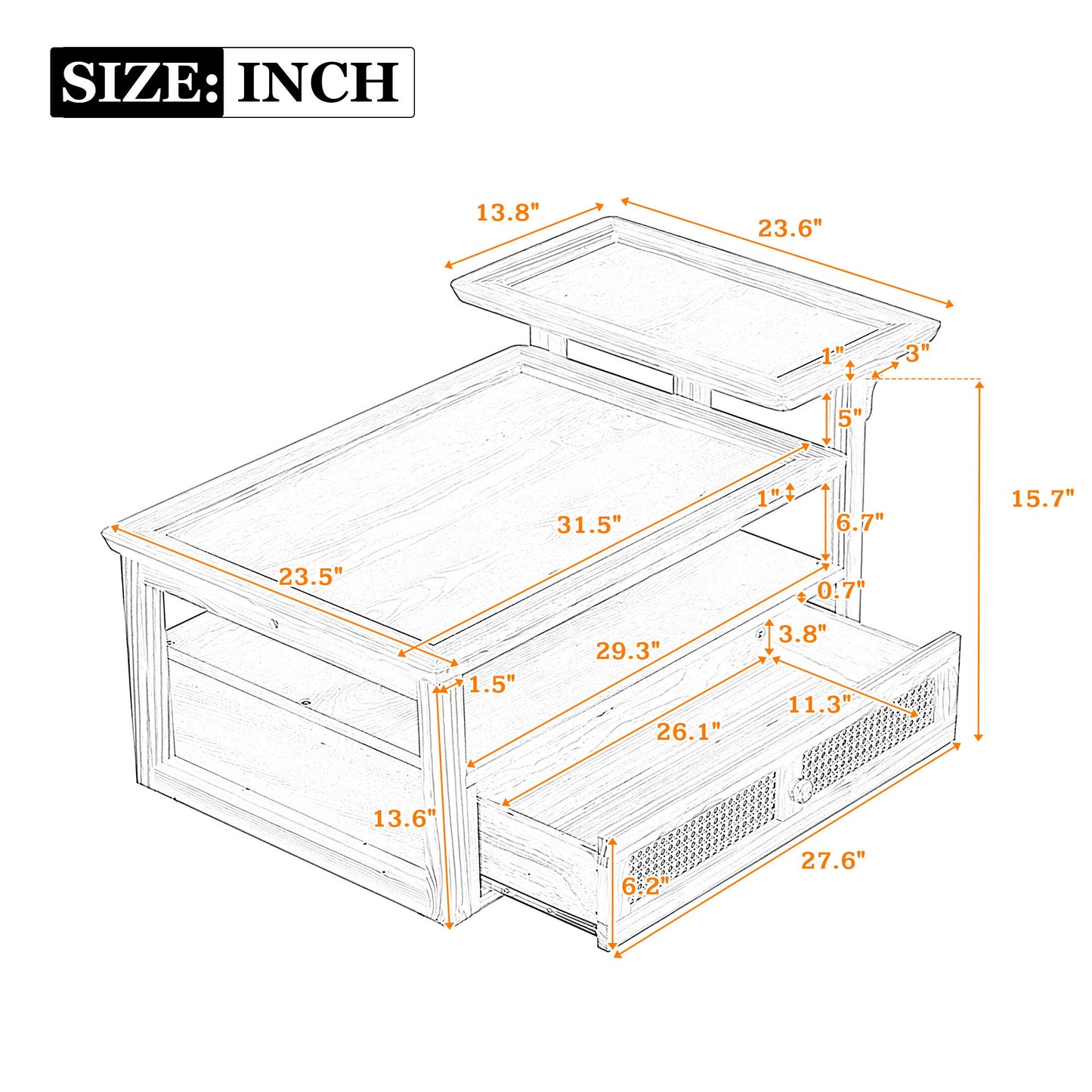 Modern Coffee Table, Coffee Table With 1 Storage Shelf, 2 Tabletops And 1 Rattan Drawer For Living Room - Natural