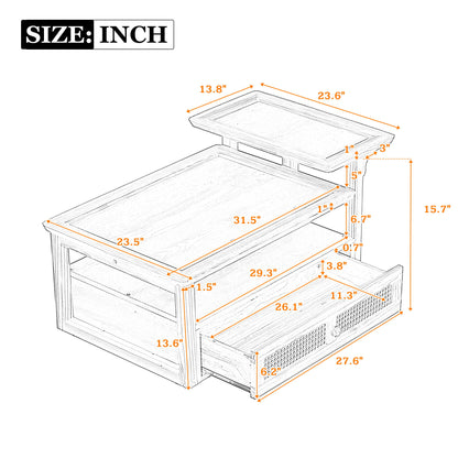 Modern Coffee Table, Coffee Table With 1 Storage Shelf, 2 Tabletops And 1 Rattan Drawer For Living Room - Natural