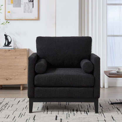 Wide Modern Farmhouse Performance Accent Chair With Black Legs, Wood Base Reading Armchair Single Sofa With 2 Bolster Pillows For Living Room Offices And Lounge - Black