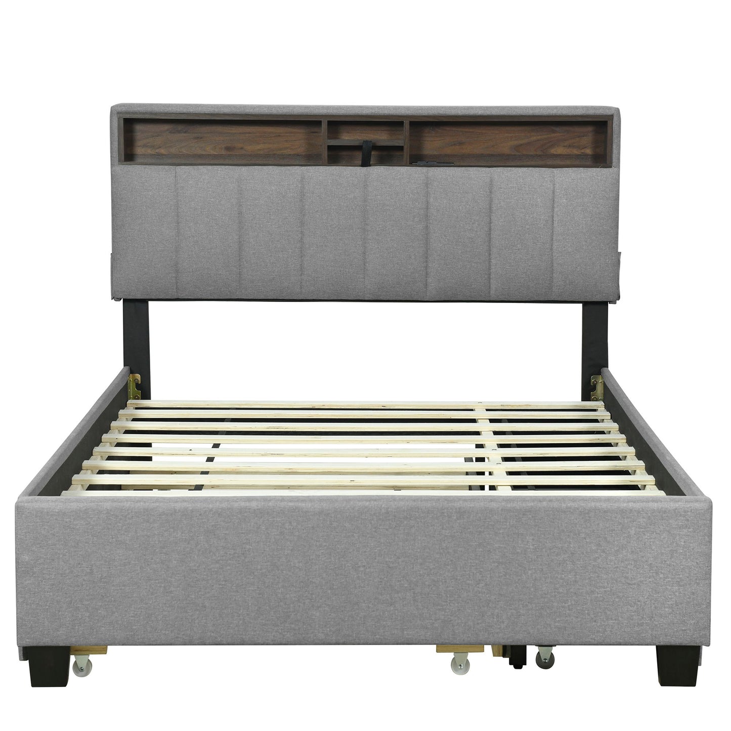 Full Size Upholstered Platform Bed With Storage Headboard, Twin Size Trundle & 2 Drawers And A Set Of Sockets & USB Ports - Gray