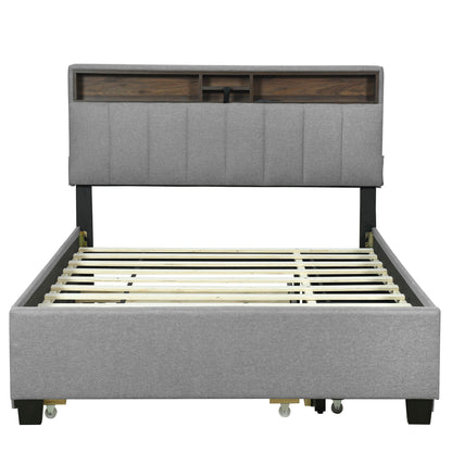 Full Size Upholstered Platform Bed With Storage Headboard, Twin Size Trundle & 2 Drawers And A Set Of Sockets & USB Ports - Gray