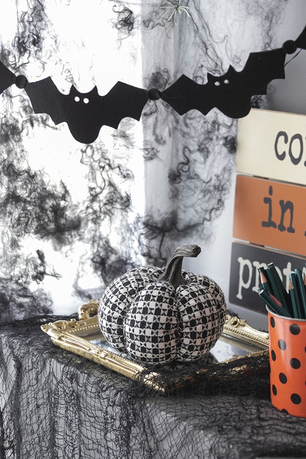 Plaid Pumpkin Decor, For Holiday Halloween Decoration - Black / White