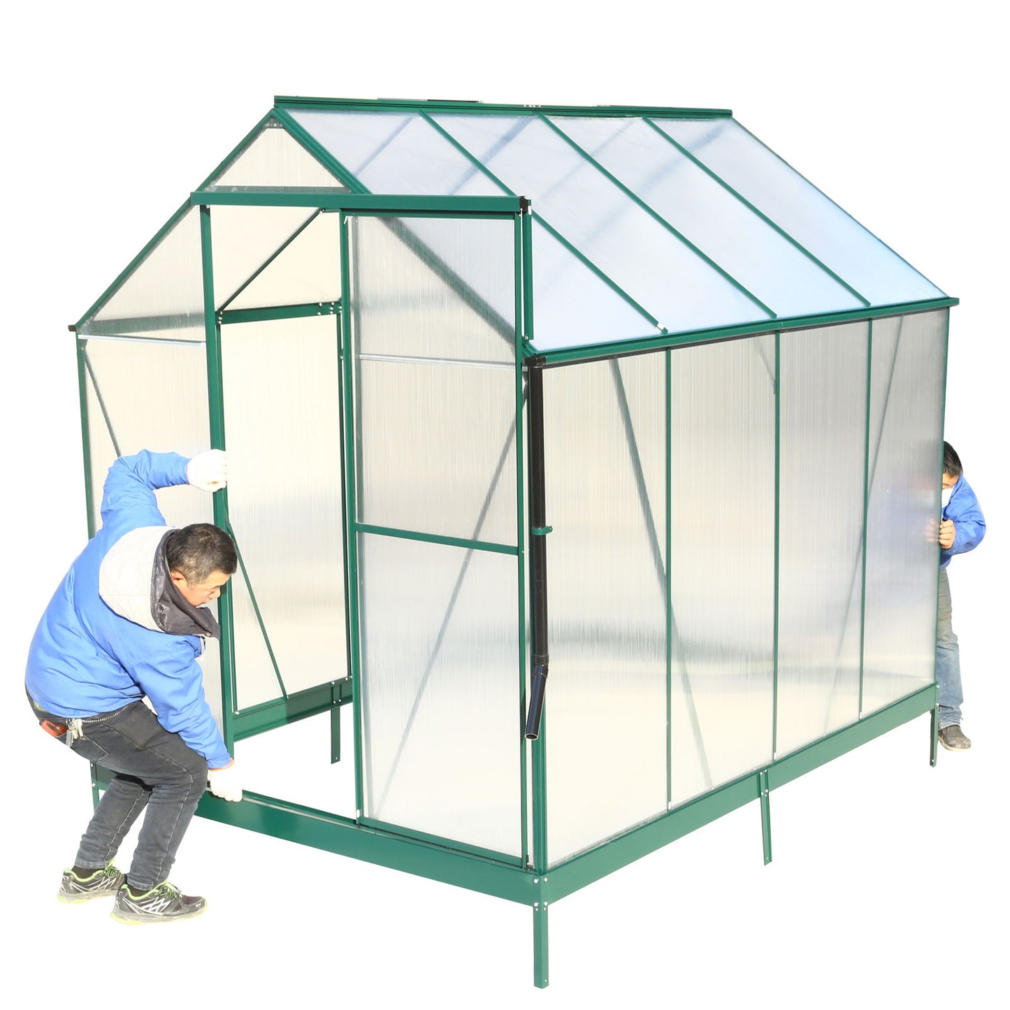 6.3'x8.2'x7' Polycarbonate Greenhouse, Heavy Duty Outdoor Aluminum Walk-In Green House Kit With Rain Gutter, Vent And Door For Backyard Garden - Green