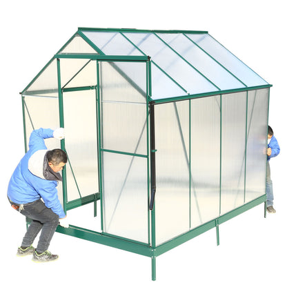 6.3'x8.2'x7' Polycarbonate Greenhouse, Heavy Duty Outdoor Aluminum Walk-In Green House Kit With Rain Gutter, Vent And Door For Backyard Garden - Green