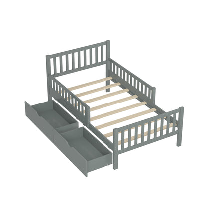 Twin Size Platform Bed With Guardrails On Both Sides And 2 Storage Drawers - Gray