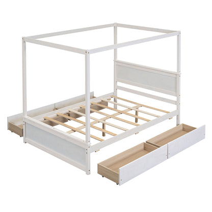 Full Size Canopy Platform Bed With 4 Drawers And Support Slats, No Box Spring Needed - Brushed White
