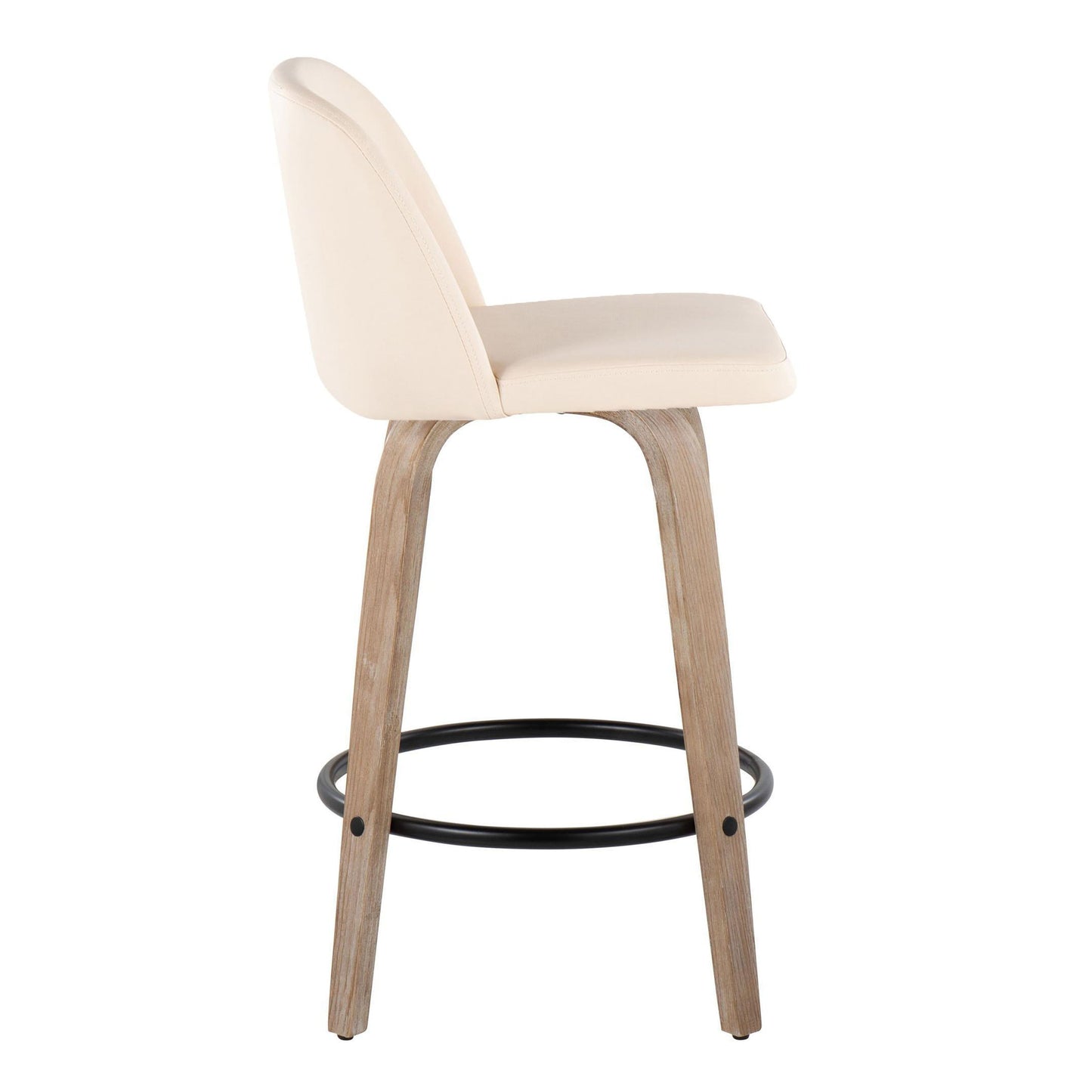 Toriano - Mid-Century Modern Fixed Height Counter Stool With Swivel With Round Footrest (Set of 2) - Whitewashed / Cream