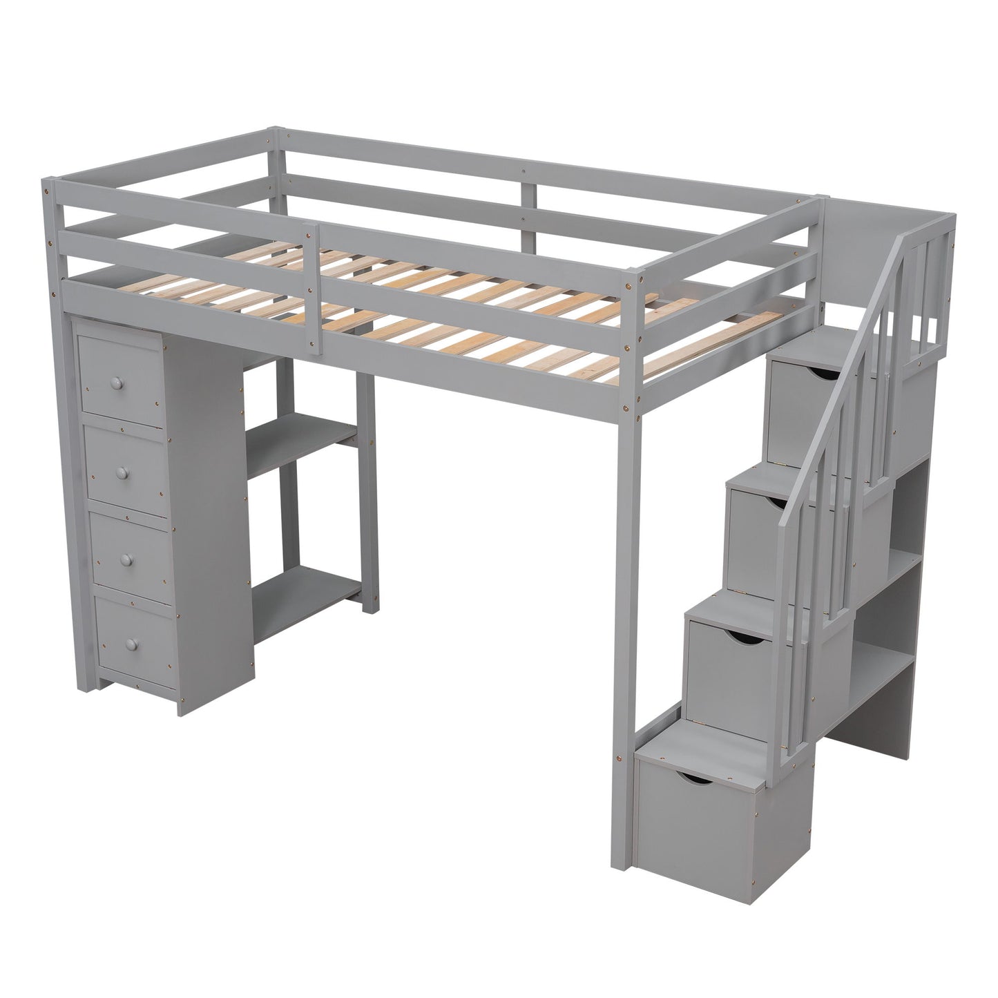Twin Size Loft Bed With Storage Drawers And Stairs With Shelves - Gray