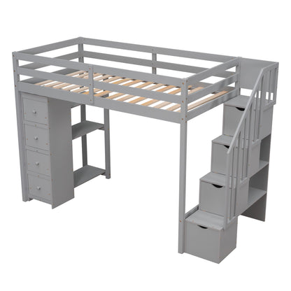 Twin Size Loft Bed With Storage Drawers And Stairs With Shelves - Gray