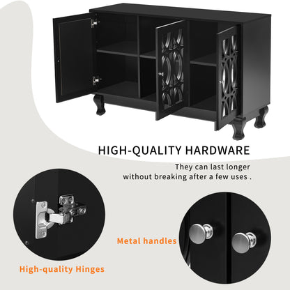 Modern Mirrored TV Stand For TV Up To 55", Entertainment Center Solid Wood Legs, Metal Handle And 3 Adjustable Shelves For Living Room - Black