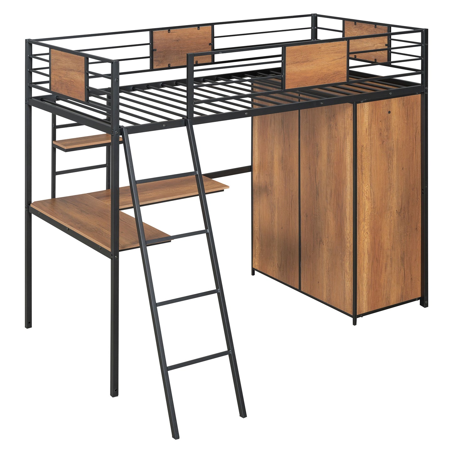 Twin Size Loft Bed With L Shape Desk And Wardrobe - Black