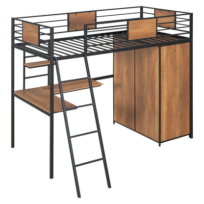Twin Size Loft Bed With L Shape Desk And Wardrobe - Black