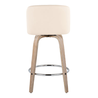 Toriano - Contemporary Fixed Height Counter Stool With Swivel With Round Footrest (Set of 2) - Whitewashed / Cream