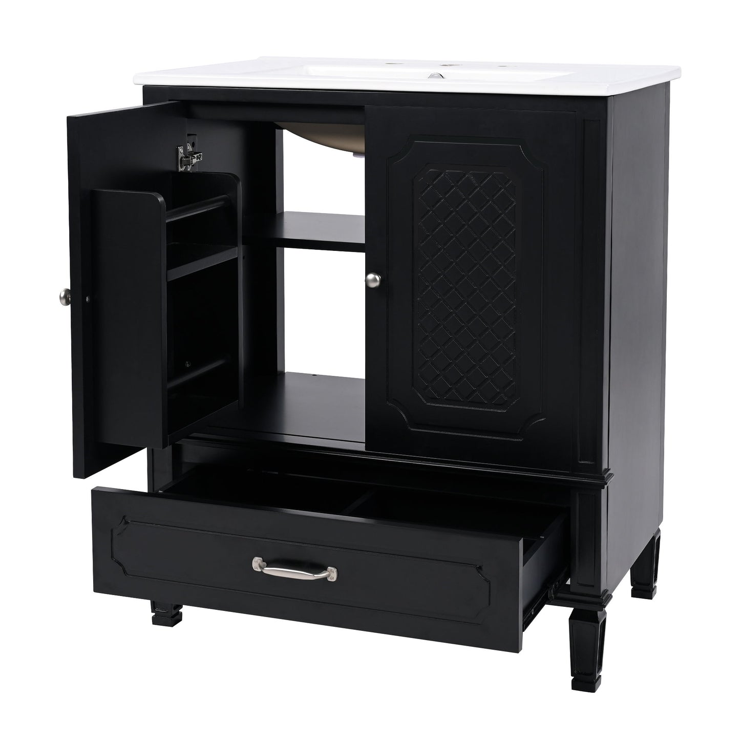 Vintage Style 30" Bathroom Vanity With Sink, Multi Functional Storage, Soft Closing Door - Black