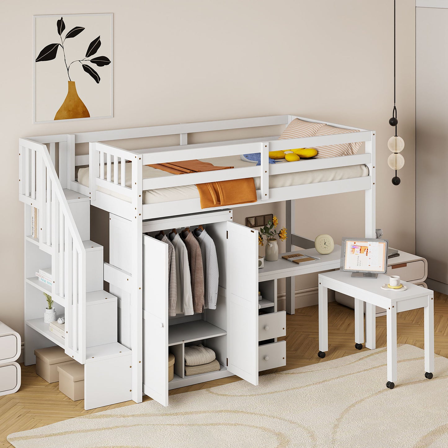 Twin Size Loft Bed With Stairs, Bookshelf, Drawers, Desk & Wardrobe, Space Saving Multifunctional Furniture - White