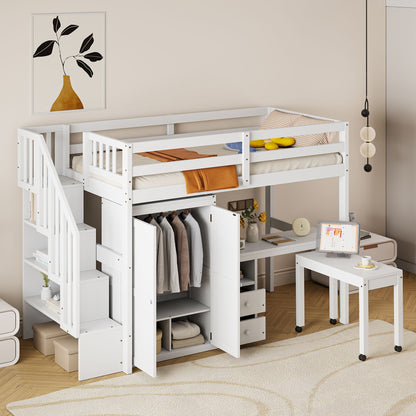 Twin Size Loft Bed With Stairs, Bookshelf, Drawers, Desk & Wardrobe, Space Saving Multifunctional Furniture - White