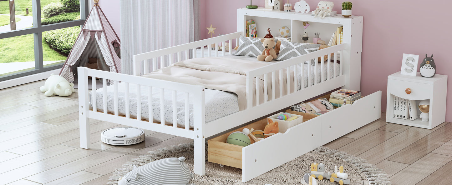 Twin Size Bed With Headboard Storage Rack, 2 Under Bed Drawers, 3 - Side Guardrails For Safety And Security - White