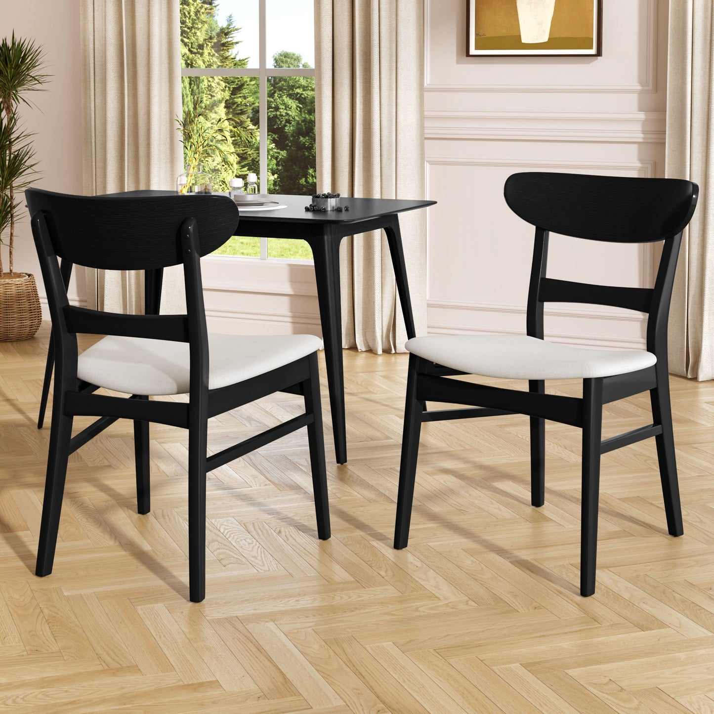Dining Chair (Set of 2), Mid Century Dining Chairs With Cushioned Seats And Wood Frame - Light Beige / Black
