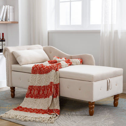 Chaise Lounge Indoor, Velvet Lounge Chair For Bedroom With Storage & Pillow, Modern Upholstered Rolled Arm Chase Lounge For Sleeping With Nailhead Trim For Living Room Bedroom Office - Beige