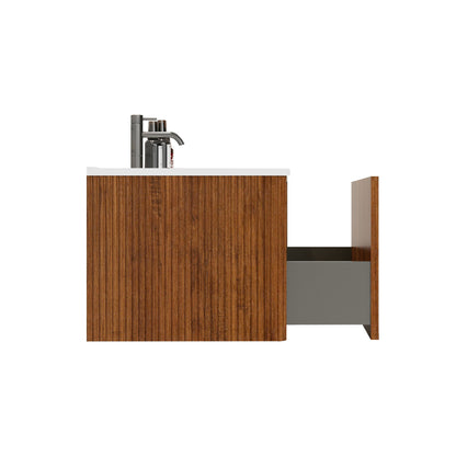 Etna - Striped Walnut Bathroom Vanity With Ceramic Sink, Wall Mounted Floating Bathroom Vanity For Modern Bathroom - Walnut / White