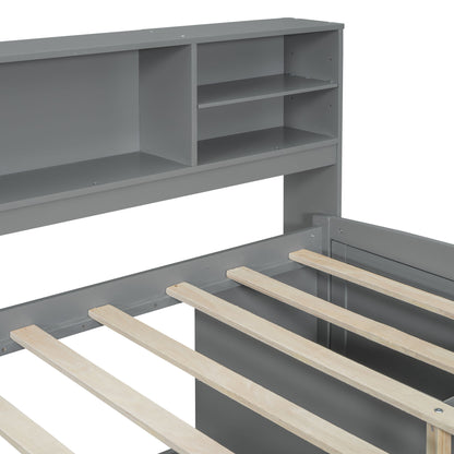 Full Size Daybed With 2 Bedside Cabinets, Upper Shelves And 4 Drawers - Gray