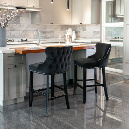 Contemporary Velvet Upholstered Wing-Back Barstools With Button Tufted Decoration And Wooden Legs, And Chrome Nailhead Trim, Leisure Style Bar Chairs, Bar Stools (Set of 4) - Black