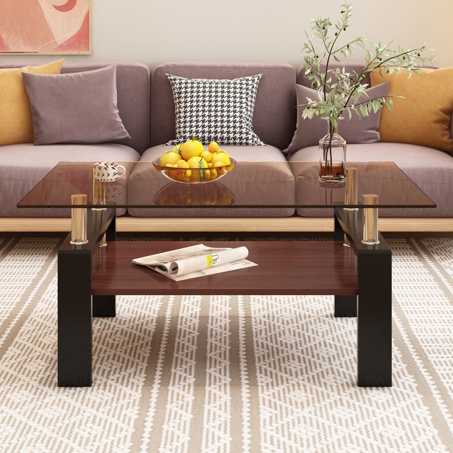Modern Rectangular Coffee Table With Tempered Brown Glass Top And Layer Table For Living Room - Brown / Black