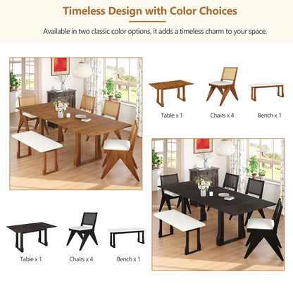 Modern 6 Piece Extendable Dining Table Set With 4 Wicker Back Upholstered Dining Chairs And Long Bench, 2 Removable Leaf - Walnut