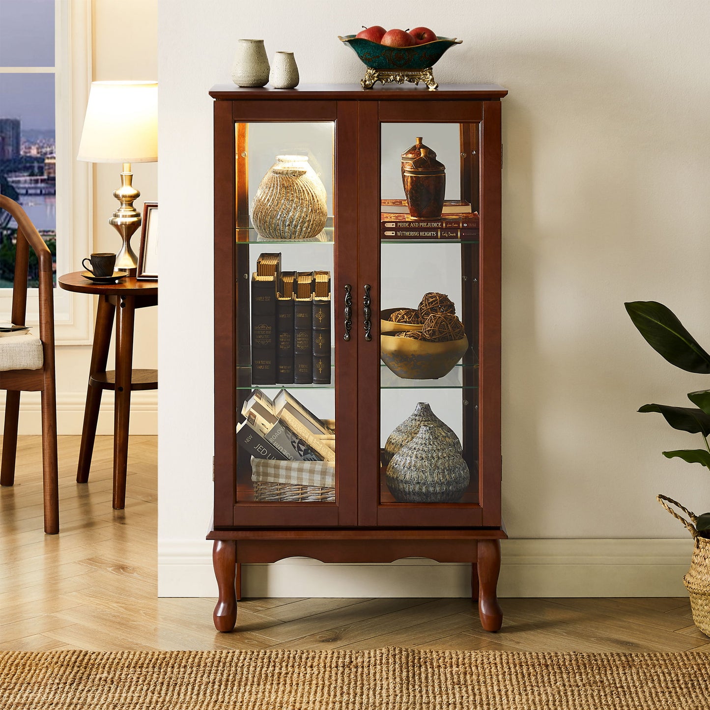 Curio Cabinet Lighted Curio Diapaly Cabinet With Adjustable Shelves And Mirrored Back Panel, Tempered Glass Doors (3 Tier), (E26 Light Bulb Not Included) - Walnut