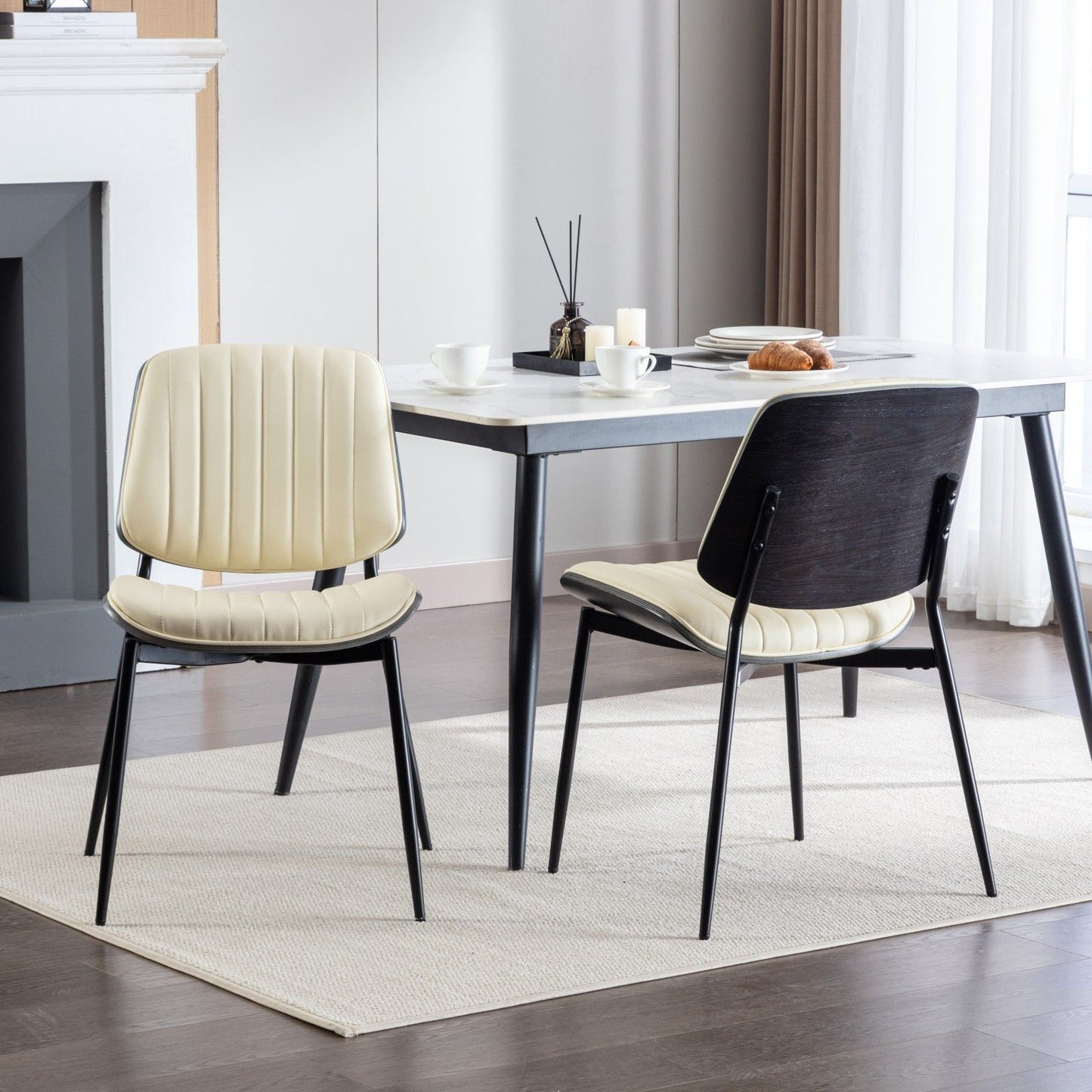 Dining Chairs Mid-Century Modern Retro Faux Leather Chair With Walnut Bentwood Back Upholstered Seat Metal Legs Adjustable Foot For Kitchen Dining Room Chairs (Set of 2) - Beige