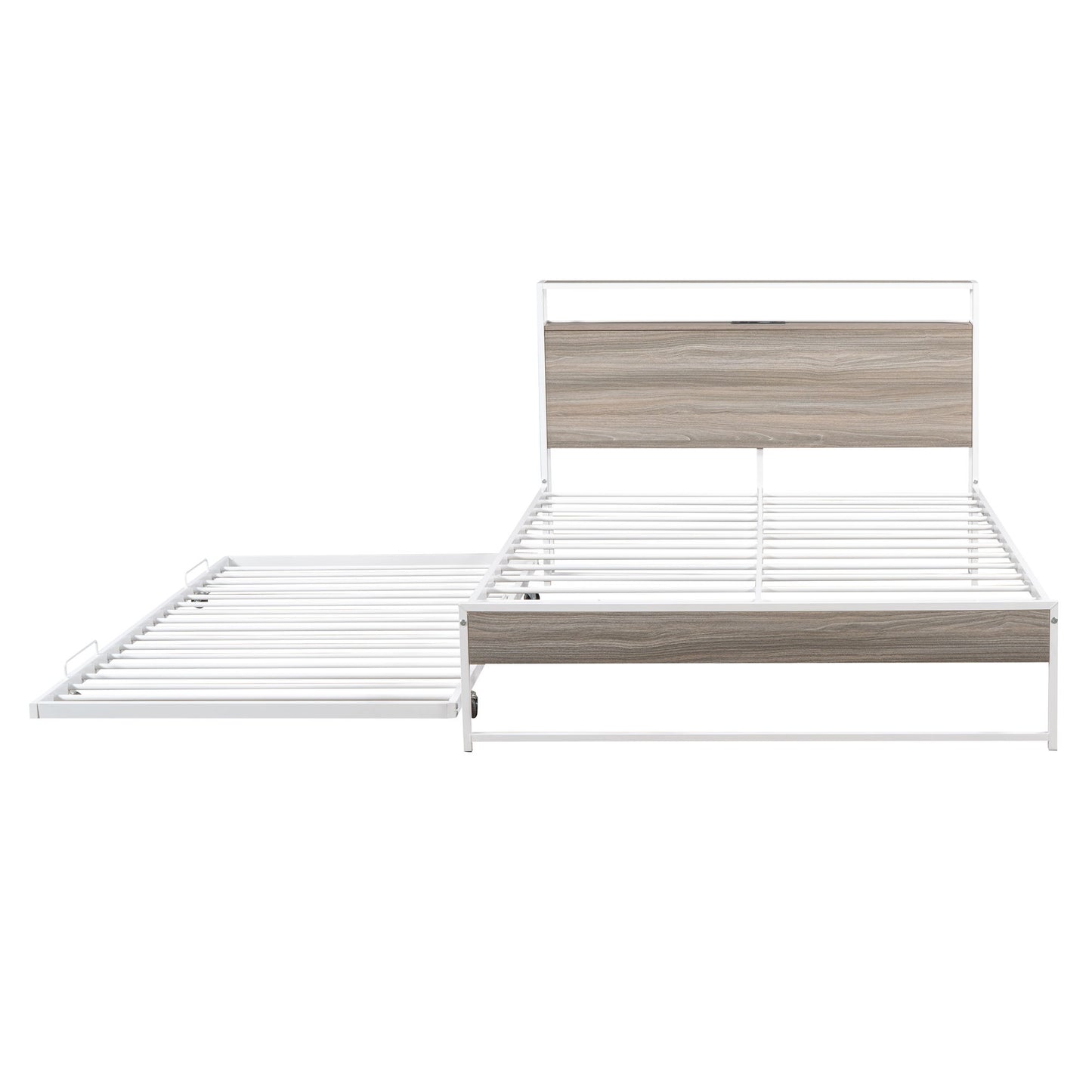 Full Size Platform Bed Frame With Trundle, USB Ports And Slat Support, No Box Spring Needed - White