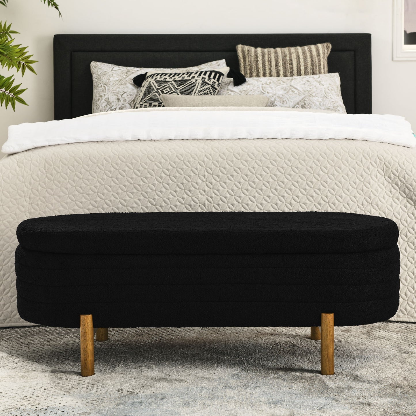 Ottoman Oval Storage Bench With Rubber Wood Legs - Black