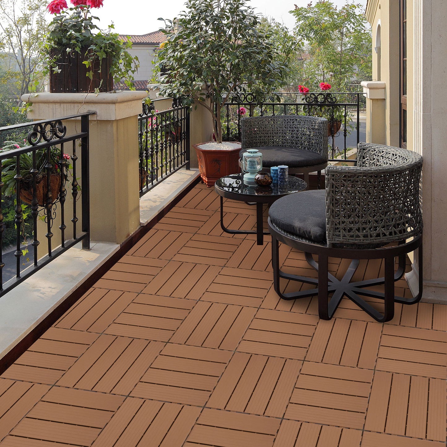 Plastic Interlocking Deck Tiles, (Set of 44), Patio Flooring Outdoor Waterproof All Weather Use For Garden Poolside Front / Back Yard - Burlywood