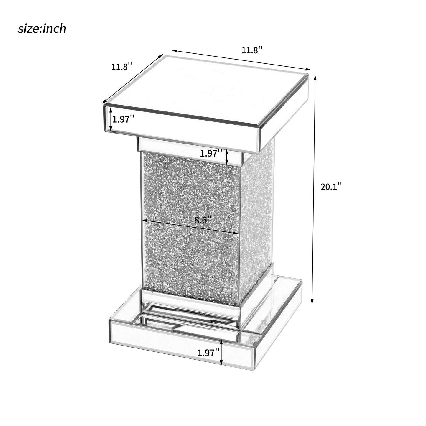 Square Mirrored End Table With Led Lights, Modern Side Table With Crushed Diamond For Living Room - Silver