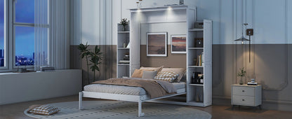 Full Size Murphy Wall Bed With Shelves And LED Lights - White