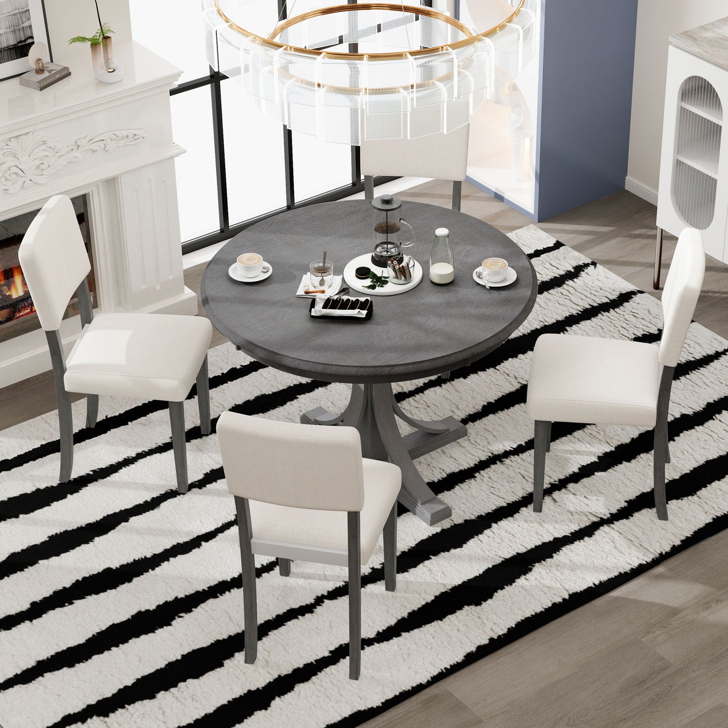 5 Piece Retro Round Dining Table Set With Curved Trestle Style Table Legs And 4 Upholstered Chairs For Dining Room - Dark Gray