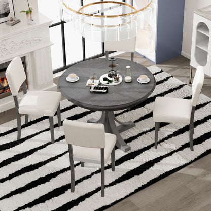 5 Piece Retro Round Dining Table Set With Curved Trestle Style Table Legs And 4 Upholstered Chairs For Dining Room - Dark Gray