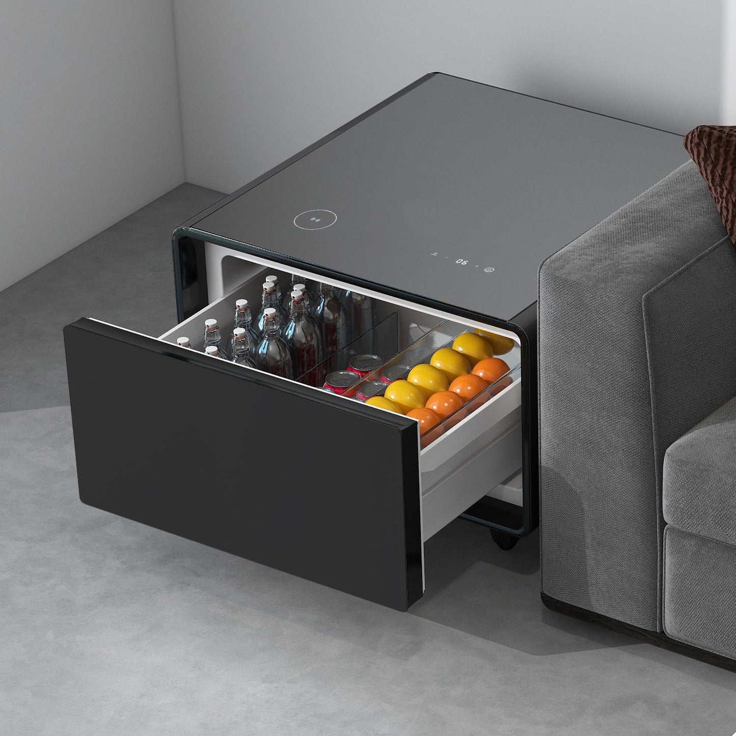 Modern Smart Side Table With Built-In Fridge, Wireless Charging, Temperature Control, Power Socket, USB Ports, Outlet Protection, Induction Light - Black