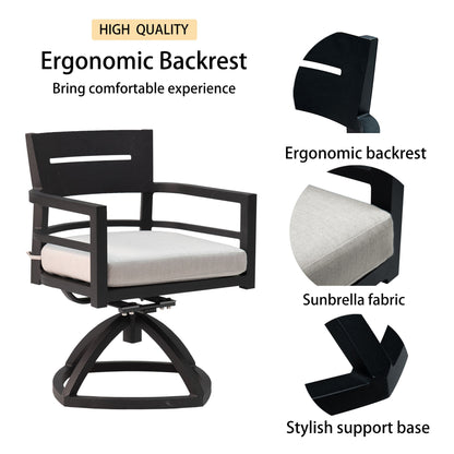 7 Piece Modern Outdoor Patio Dining Set Furniture, 4 Dining Chairs & 2 Swivel Rockers Sunbrella Fabric And Rectangle Dining Table With Umbrella Hole - Ember Black