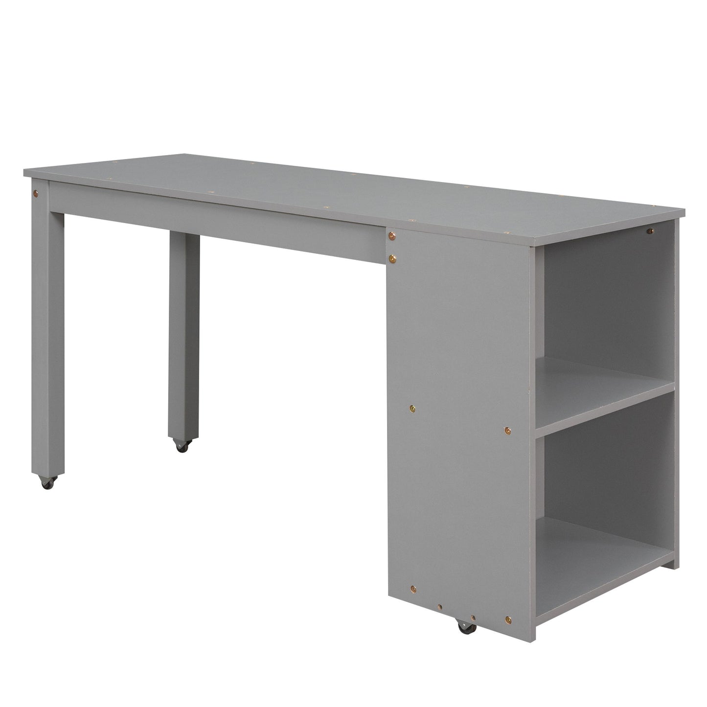 Full Loft Low Study Bed With Cabinet, Shelves And Rolling Portable Desk, Multiple Functions- Gray