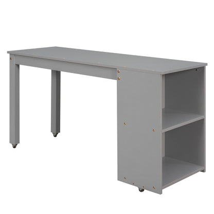 Full Loft Low Study Bed With Cabinet, Shelves And Rolling Portable Desk, Multiple Functions- Gray
