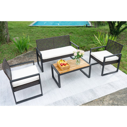 Modern 4 Piece Patio Furniture Set With Acacia Wood Table Top And Beige Cushions - Brown