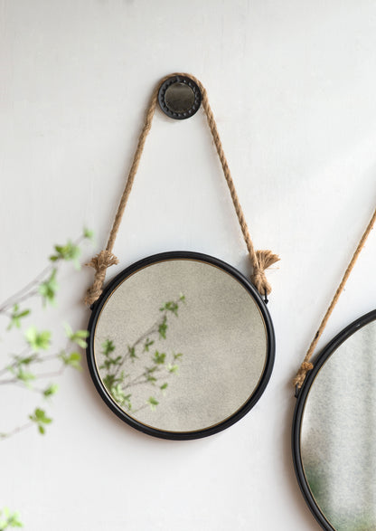 Handsome Cleveland Mirror With Rope Strap Contemporary Design Circle Mirror With Round Metal Frame For Wall Decor Bathroom, Entryway - Black And Silver