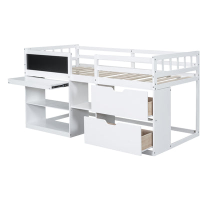 Twin Size Low Loft Bed With Rolling Desk, Shelf And Drawers - White