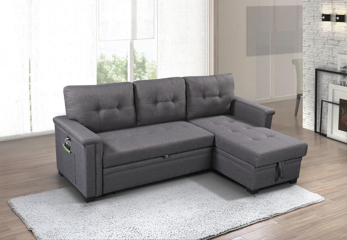 Ashlyn - Reversible Sleeper Sectional Sofa With Storage Chaise, USB Charging Ports nd Pocket - Dark Gray