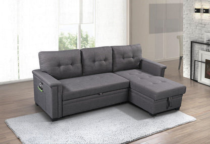Ashlyn - Reversible Sleeper Sectional Sofa With Storage Chaise, USB Charging Ports nd Pocket - Dark Gray