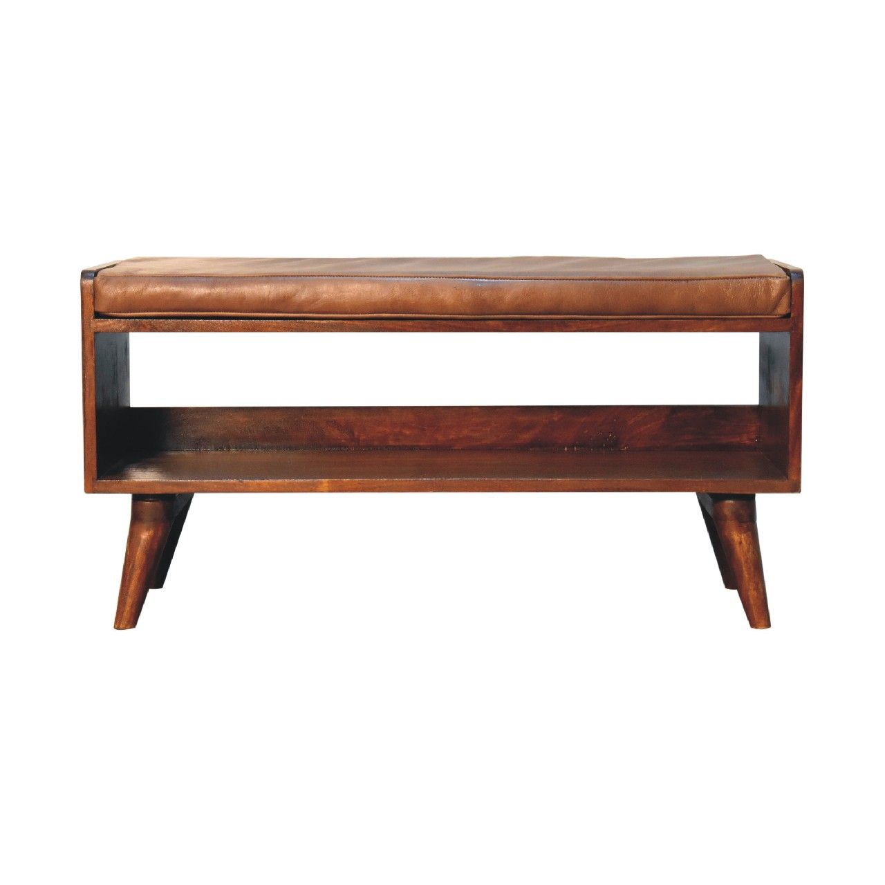 Bench With Brown Leather Seatpad - Chestnut