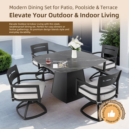 5 Piece Outdoor Pedestal Dining Set, Rounded Square Table With Flared Base And 4 Swivel Rockers - Ember Black